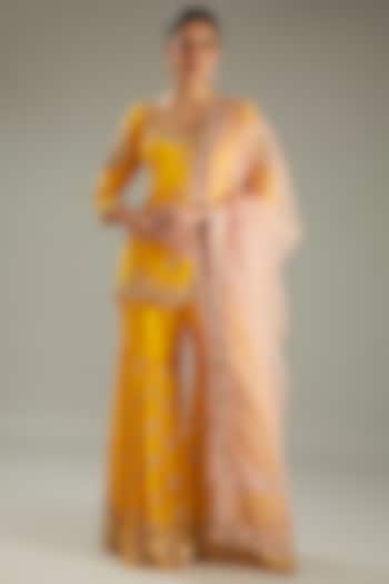 Yellow Georgette Sequins & Dabka Hand Embellished Wedding Sharara Set by MeenaGurnam at Pernia's Pop Up Shop
