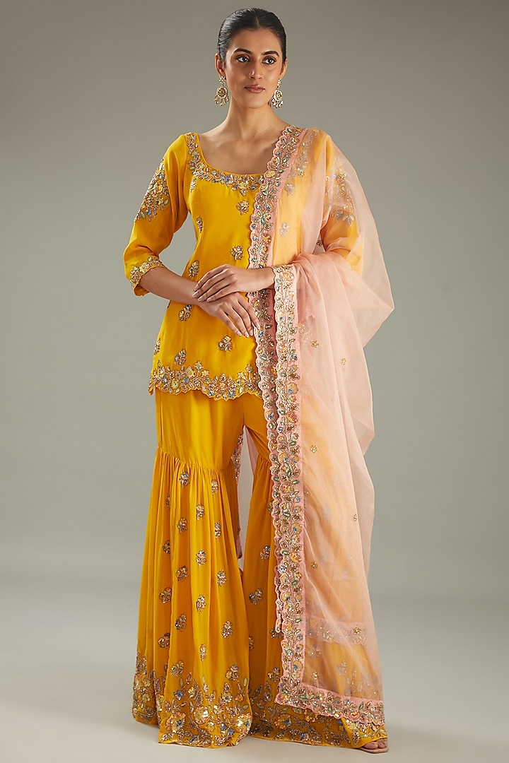 Yellow Georgette Sequins & Dabka Hand Embellished Wedding Sharara Set by MeenaGurnam at Pernia's Pop Up Shop