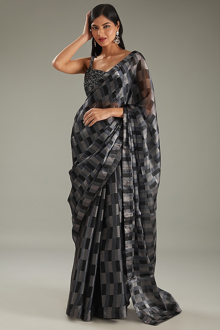 Grey Organza Geometric Printed Saree Set by MeenaGurnam at Pernia's Pop Up Shop