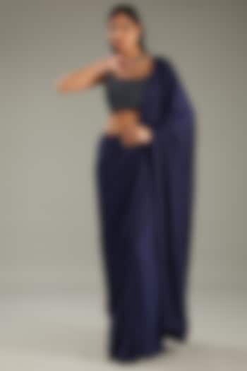 Blue Armani Satin Wedding Saree Set by MeenaGurnam at Pernia's Pop Up Shop