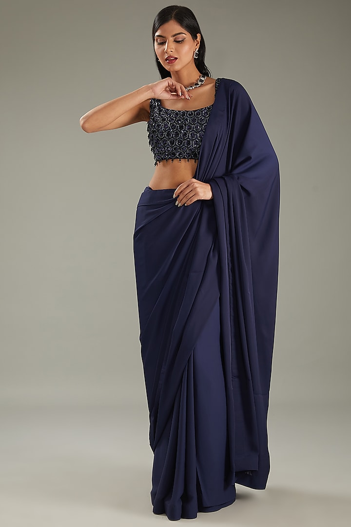 Blue Armani Satin Wedding Saree Set by MeenaGurnam at Pernia's Pop Up Shop