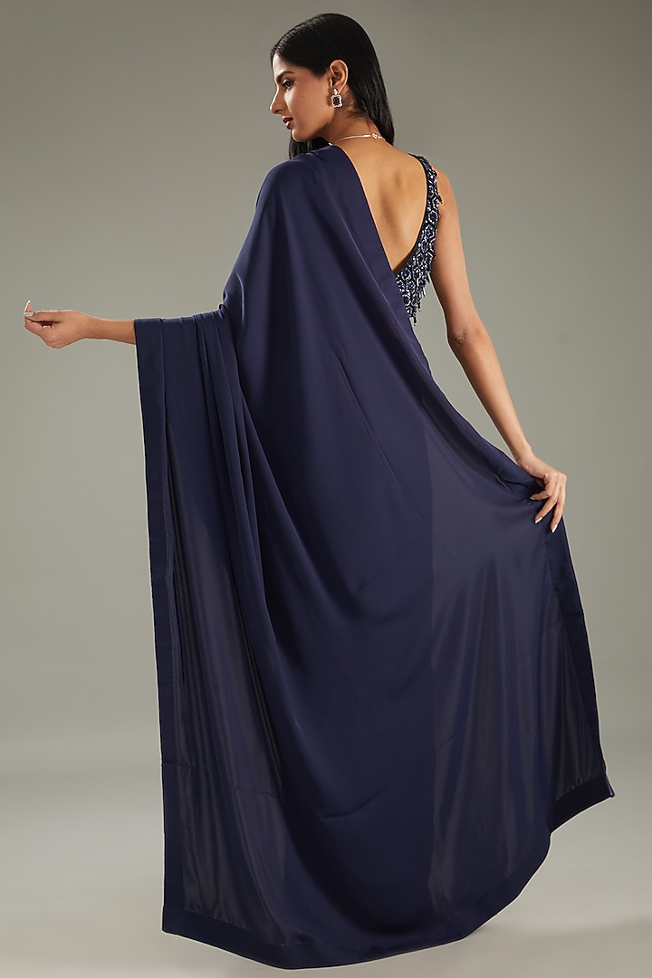 Blue Armani Satin Wedding Saree Set by MeenaGurnam at Pernia's Pop Up Shop