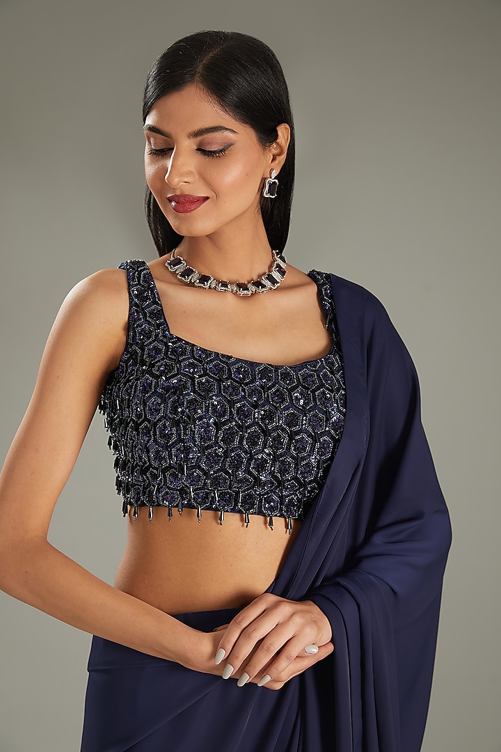 Blue Armani Satin Wedding Saree Set by MeenaGurnam at Pernia's Pop Up Shop