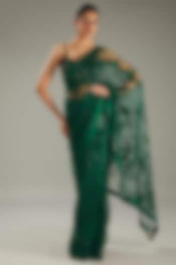 Green Net 3D Floral Hand Embroidered Saree Set by MeenaGurnam at Pernia's Pop Up Shop