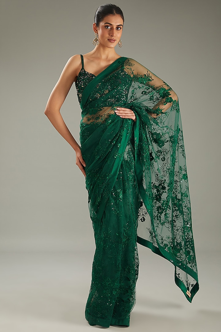 Green Net 3D Floral Hand Embroidered Saree Set by MeenaGurnam at Pernia's Pop Up Shop