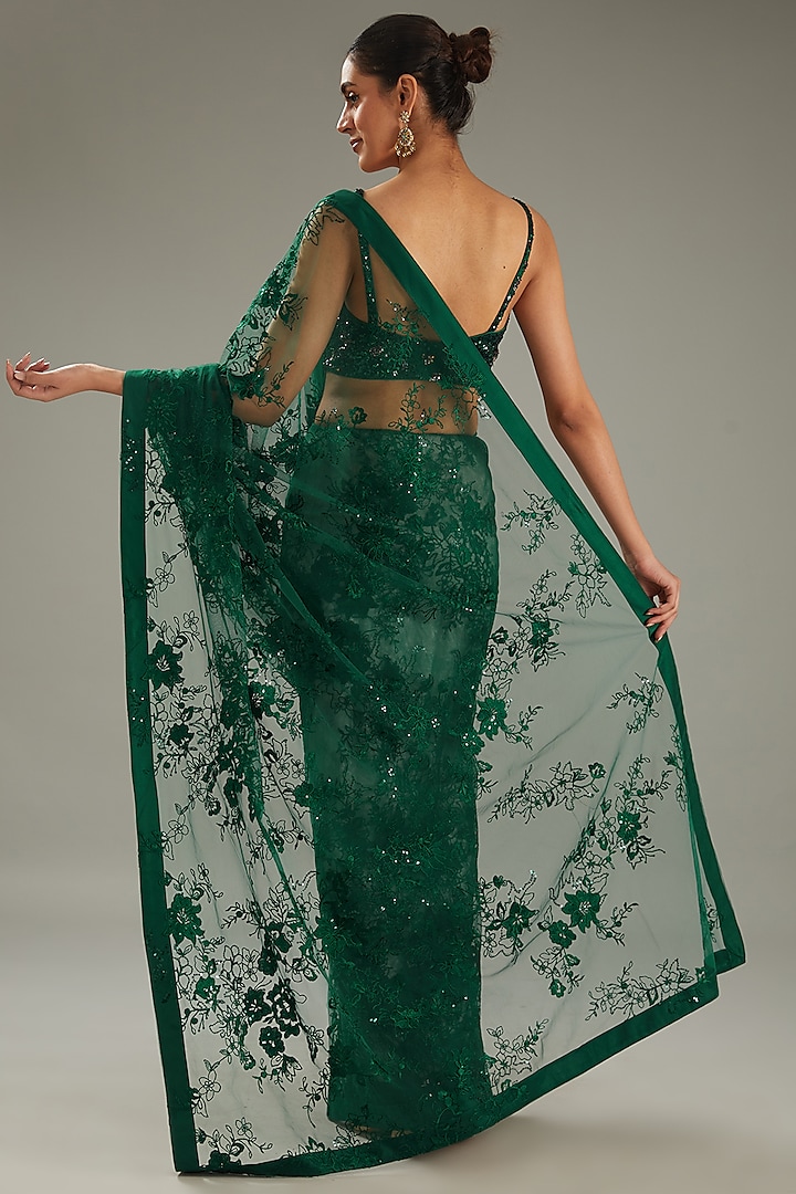 Green Net 3D Floral Hand Embroidered Wedding Saree Set by MeenaGurnam at Pernia's Pop Up Shop