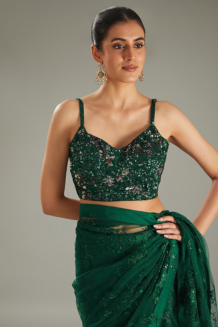 Green Net 3D Floral Hand Embroidered Wedding Saree Set by MeenaGurnam at Pernia's Pop Up Shop