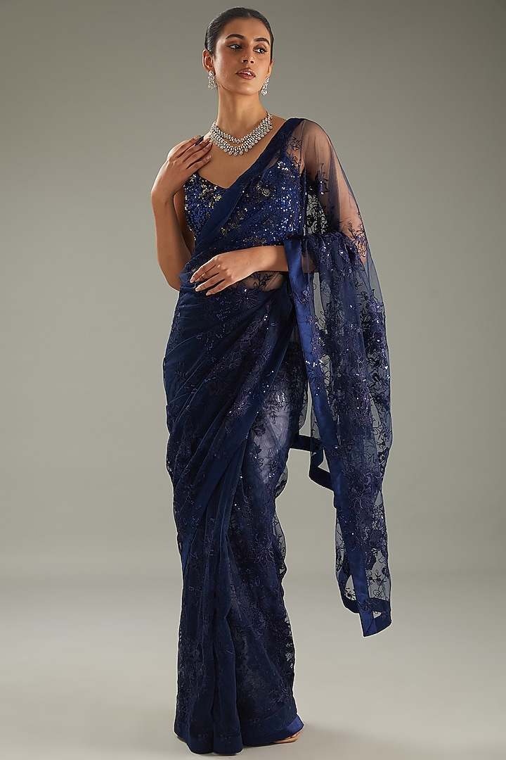 Blue Net 3D Floral Hand Embroidered Saree Set by MeenaGurnam at Pernia's Pop Up Shop