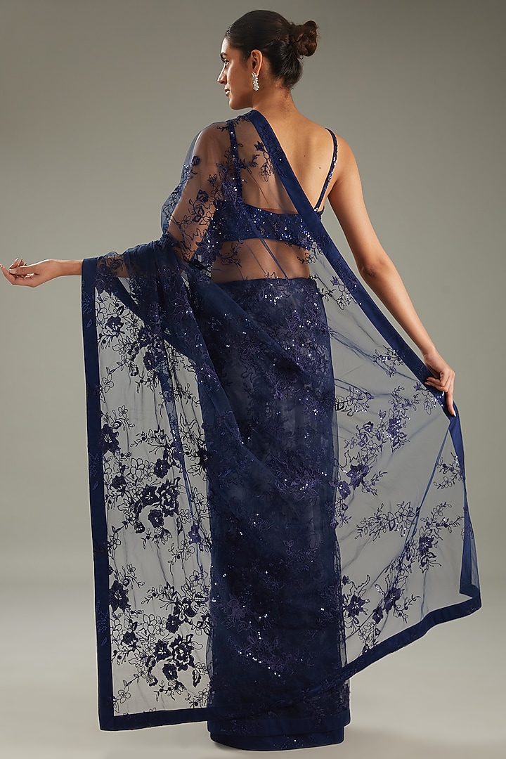 Blue Net 3D Floral Hand Embroidered Wedding Saree Set by MeenaGurnam at Pernia's Pop Up Shop