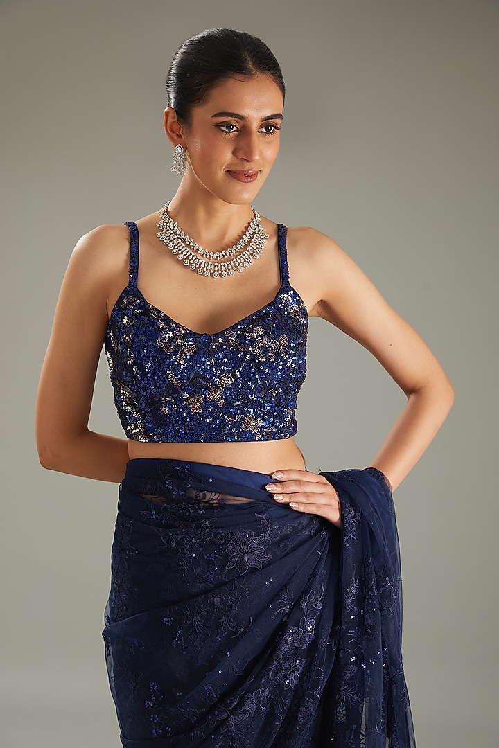 Blue Net 3D Floral Hand Embroidered Wedding Saree Set by MeenaGurnam at Pernia's Pop Up Shop