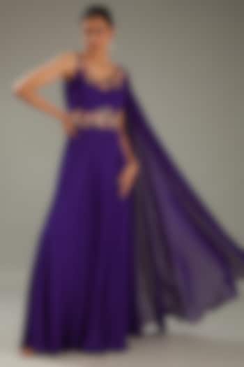 Purple Georgette Resham Hand Embellished Draped Gown by MeenaGurnam