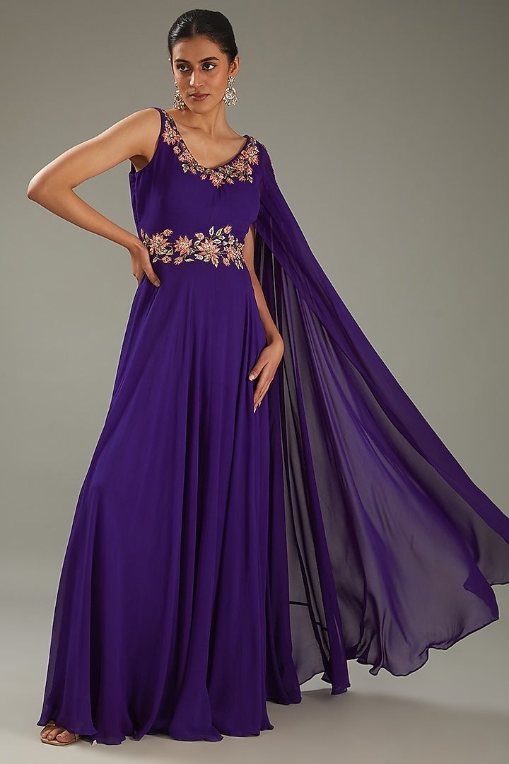 Purple Georgette Resham Hand Embellished Draped Gown by MeenaGurnam