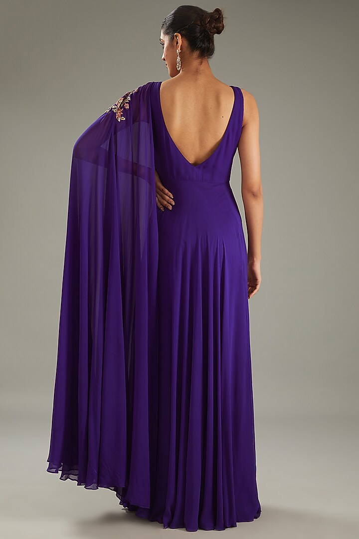 Purple Georgette Resham Hand Embellished Draped Party Wear Gown by MeenaGurnam at Pernia's Pop Up Shop