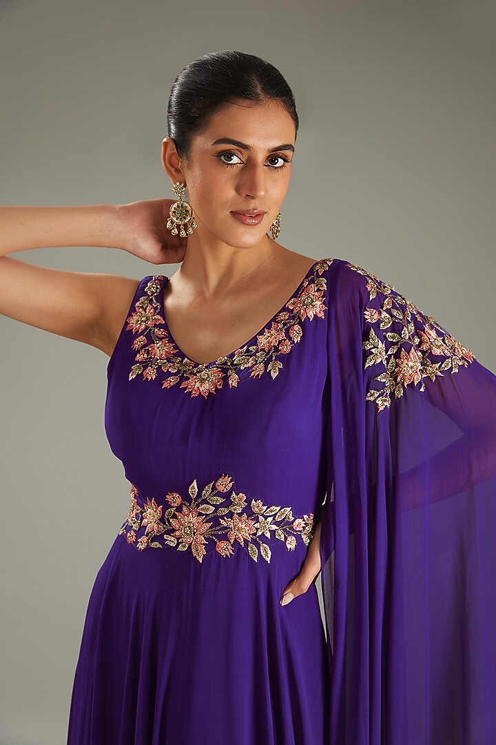 Purple Georgette Resham Hand Embellished Draped Party Wear Gown by MeenaGurnam at Pernia's Pop Up Shop