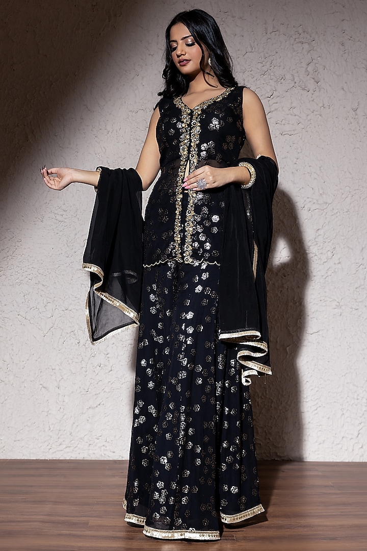 Black Net Party Wear Sharara Set by MeenaGurnam at Pernia's Pop Up Shop