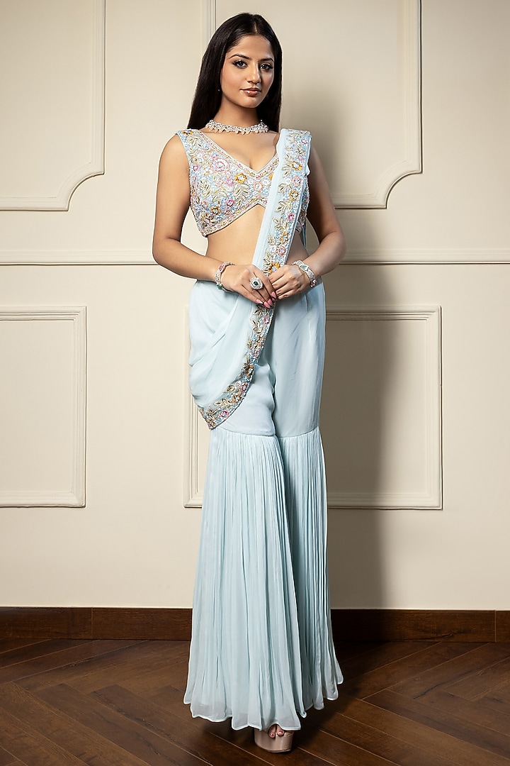 Blue Georgette Wedding Sharara Set by MeenaGurnam at Pernia's Pop Up Shop