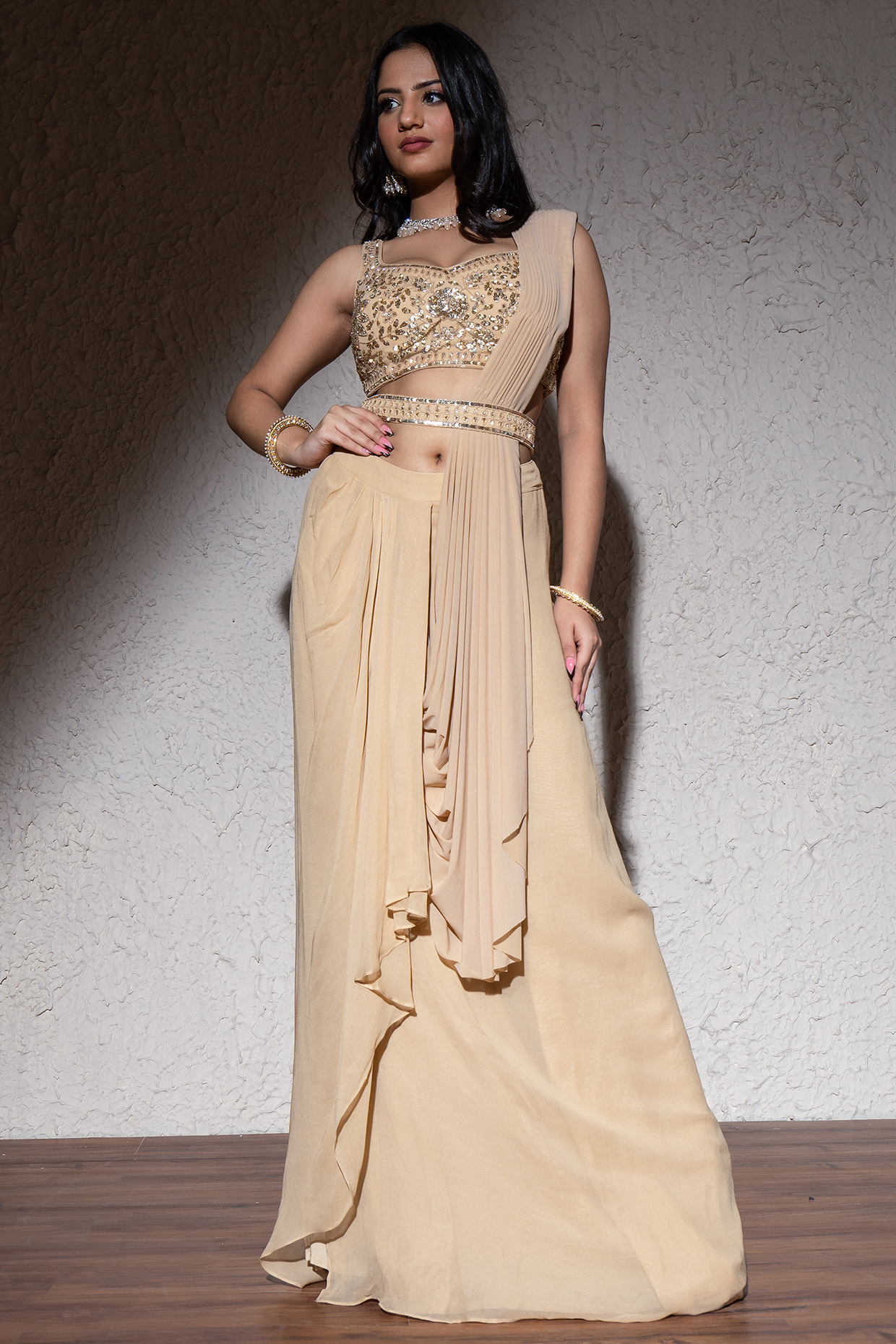 Gold Power Lycra & Georgette Pre-Draped Party Wear Saree Set by MeenaGurnam at Pernia's Pop Up Shop