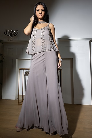 Grey Georgette Sharara Set by MeenaGurnam