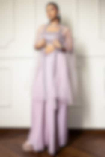 Lilac Shimmer & Chiffon Draped Skirt Set by MeenaGurnam at Pernia's Pop Up Shop