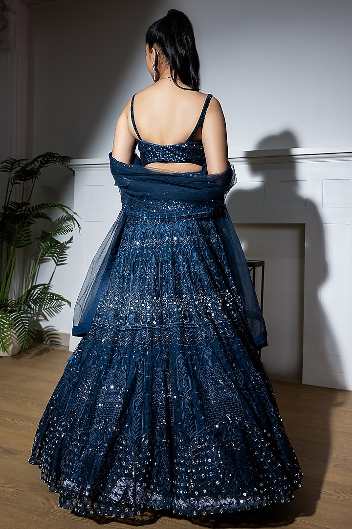 Navy Blue Net Sequins Embroidered Wedding Lehenga Set by MeenaGurnam at Pernia's Pop Up Shop