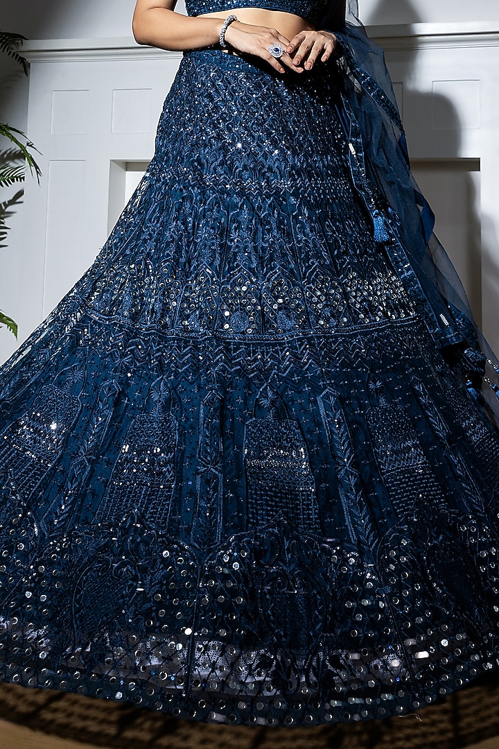 Navy Embroidered Net Lehenga Set