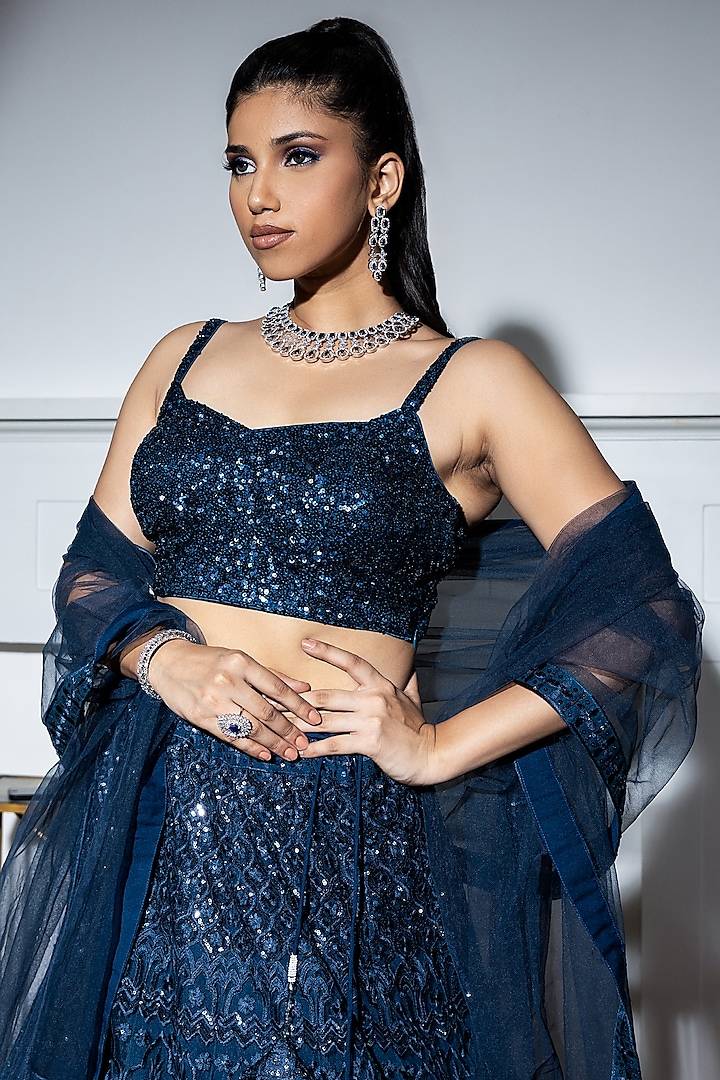 Navy Blue Net Sequins Embroidered Wedding Lehenga Set by MeenaGurnam at Pernia's Pop Up Shop