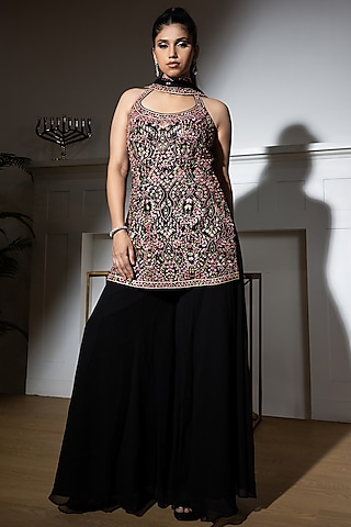 Black Georgette Sharara Set by MeenaGurnam