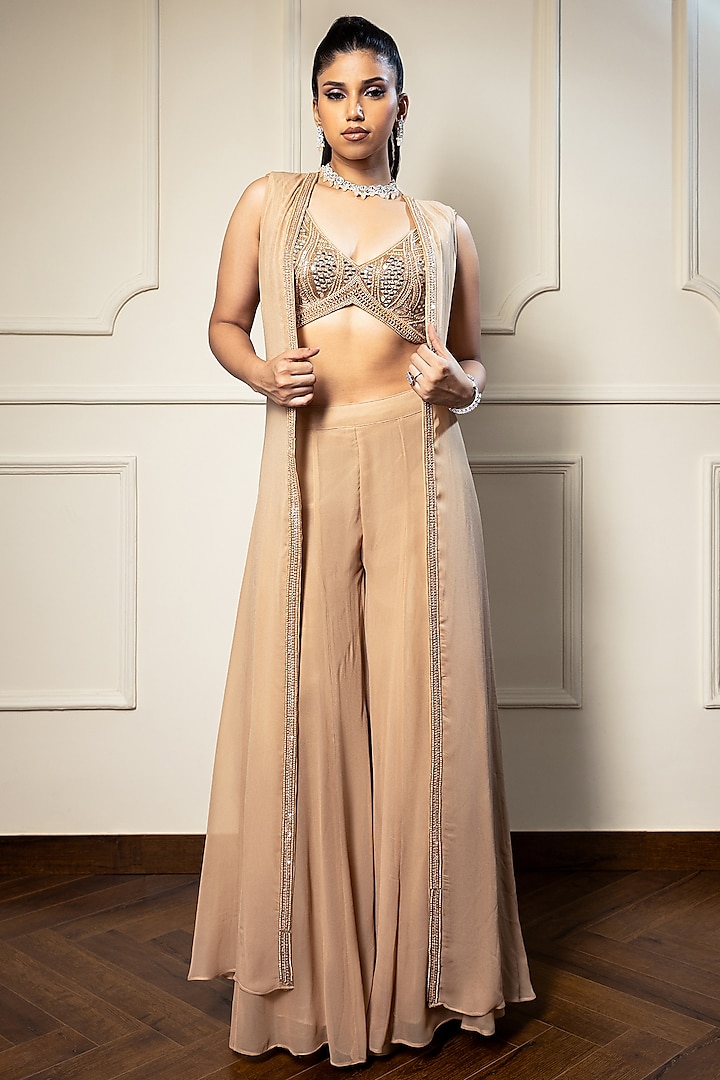 Rose Gold Georgette & Net Party Wear Sharara Set by MeenaGurnam at Pernia's Pop Up Shop