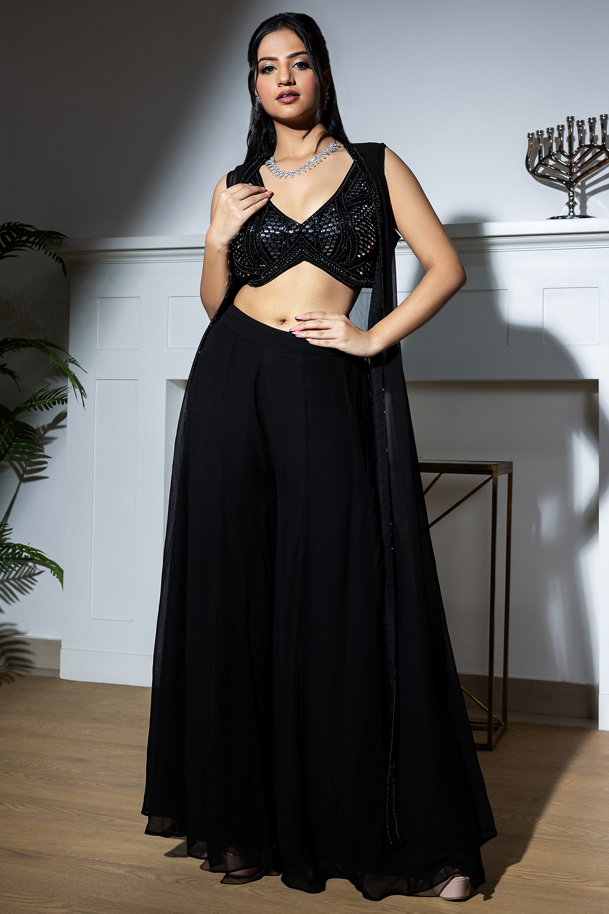 Black Georgette & Net Party Wear Sharara Set by MeenaGurnam at Pernia's Pop Up Shop