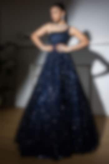 Midnight Blue Net Sequins Embroidered Engagement Gown by MeenaGurnam at Pernia's Pop Up Shop