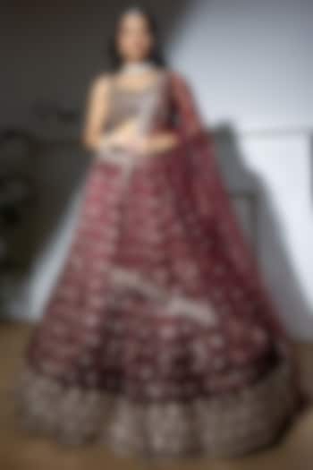 Red Jacquard Embroidered Wedding Lehenga Set by MeenaGurnam at Pernia's Pop Up Shop