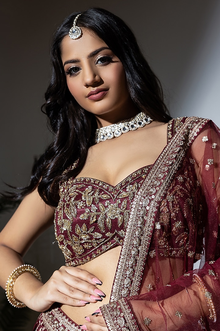 Red Jacquard Embroidered Wedding Lehenga Set by MeenaGurnam at Pernia's Pop Up Shop