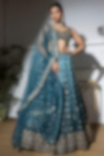 Teal Blue Jacquard Embroidered Wedding Lehenga Set by MeenaGurnam at Pernia's Pop Up Shop