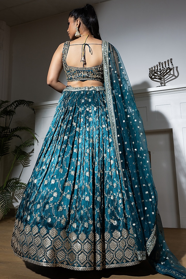 Teal Blue Jacquard Kurti Set with Bead Handwork — 3-Piece Pakistani Style Top, Elastic Pants and Jacquard Dupatta