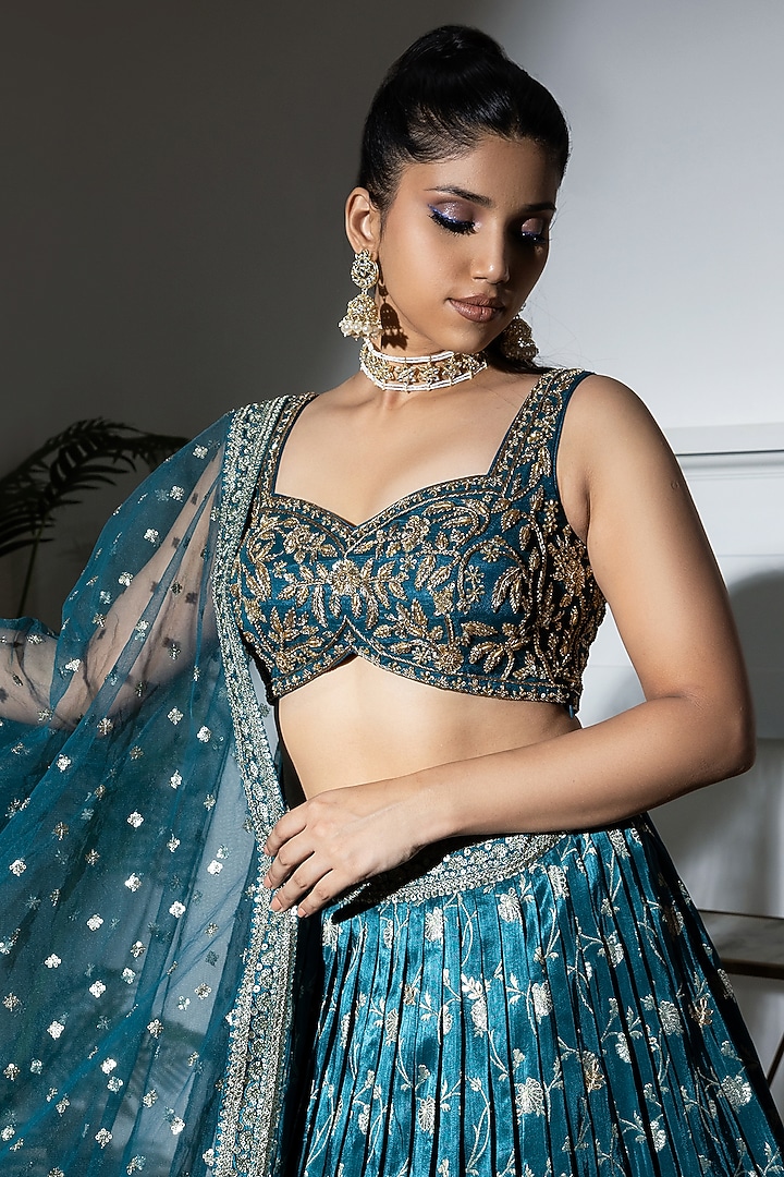 Teal Blue Jacquard Embroidered Wedding Lehenga Set by MeenaGurnam at Pernia's Pop Up Shop