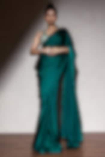 Green Armani Satin Party Wear Saree Set by MeenaGurnam at Pernia's Pop Up Shop