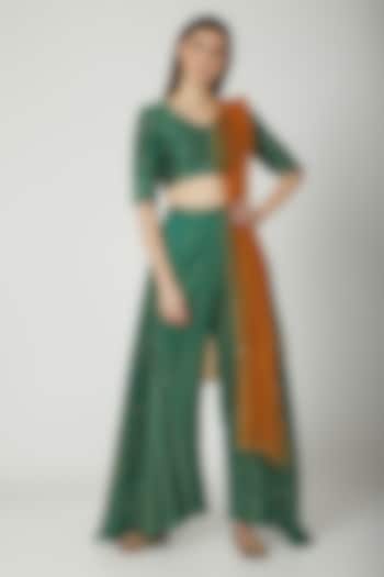 Emerald Green Crop Top With Skirt Pants & Dupatta by Seema Nanda