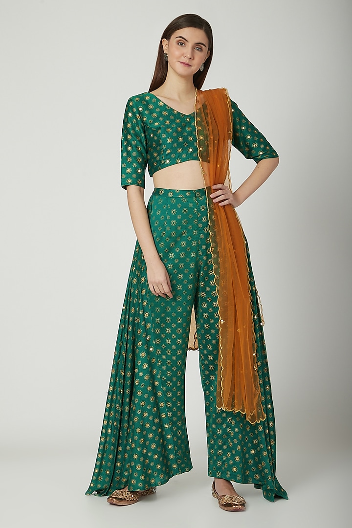 Emerald Green Crop Top With Skirt Pants & Dupatta by Seema Nanda