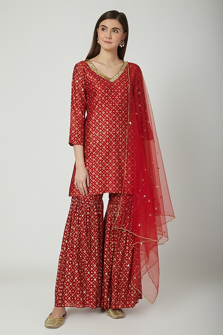 Red Embroidered & Printed Sharara Set by Seema Nanda