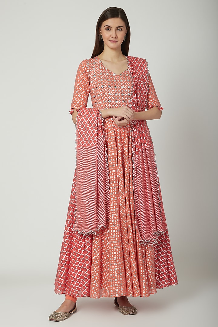 Peach & Silver Embroidered Printed Anarkali Set by Seema Nanda at Pernia's Pop Up Shop