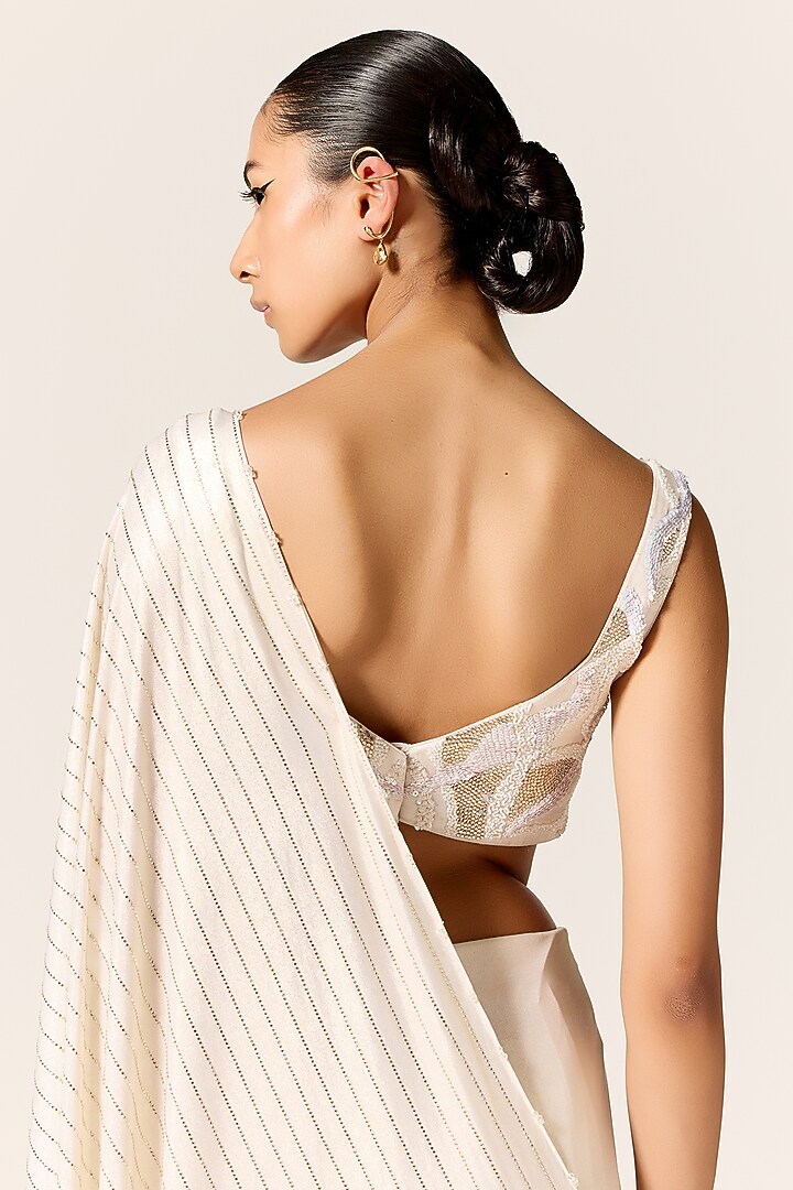 Ivory & Gold Metallic Lycra Draped Overlap Slit Wedding Saree Set by Manika Nanda at Pernia's Pop Up Shop