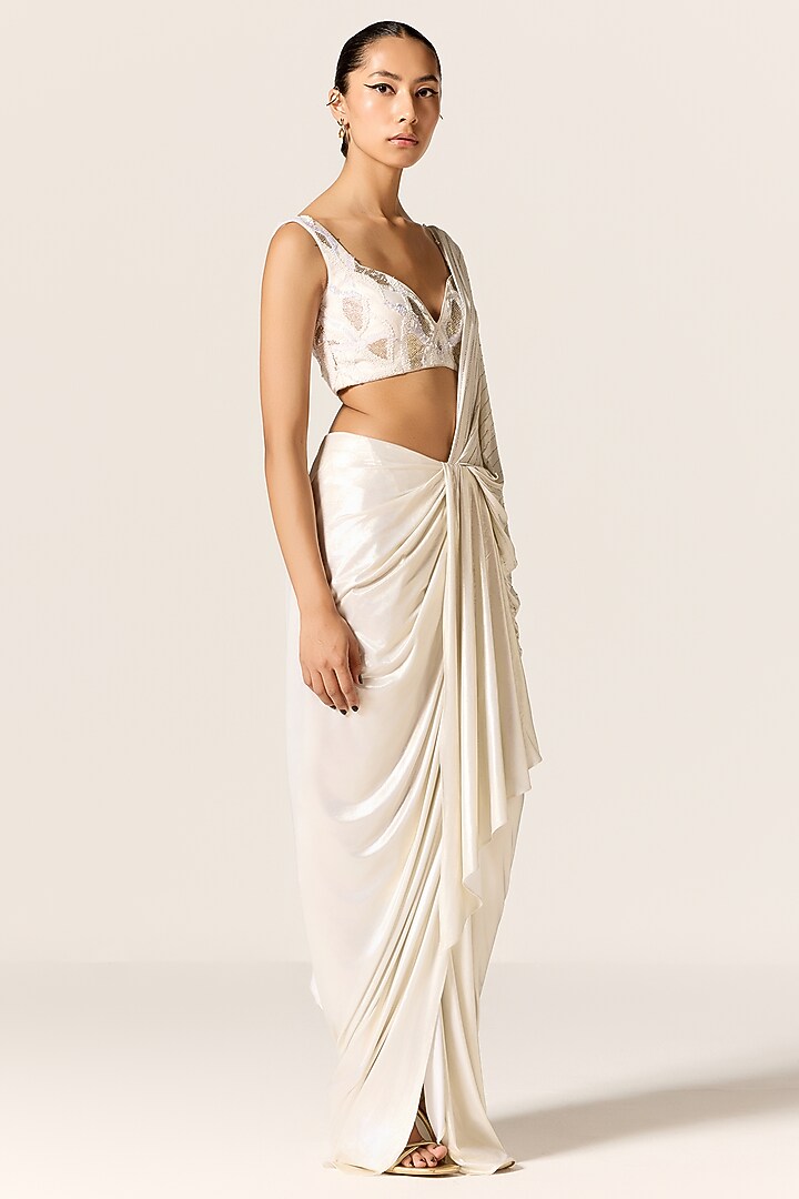 Ivory & Gold Metallic Lycra Draped Overlap Slit Wedding Saree Set by Manika Nanda at Pernia's Pop Up Shop
