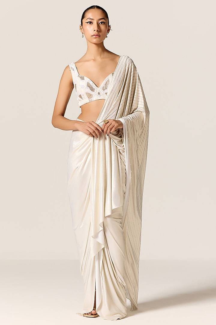 Ivory & Gold Metallic Lycra Draped Overlap Slit Wedding Saree Set by Manika Nanda at Pernia's Pop Up Shop