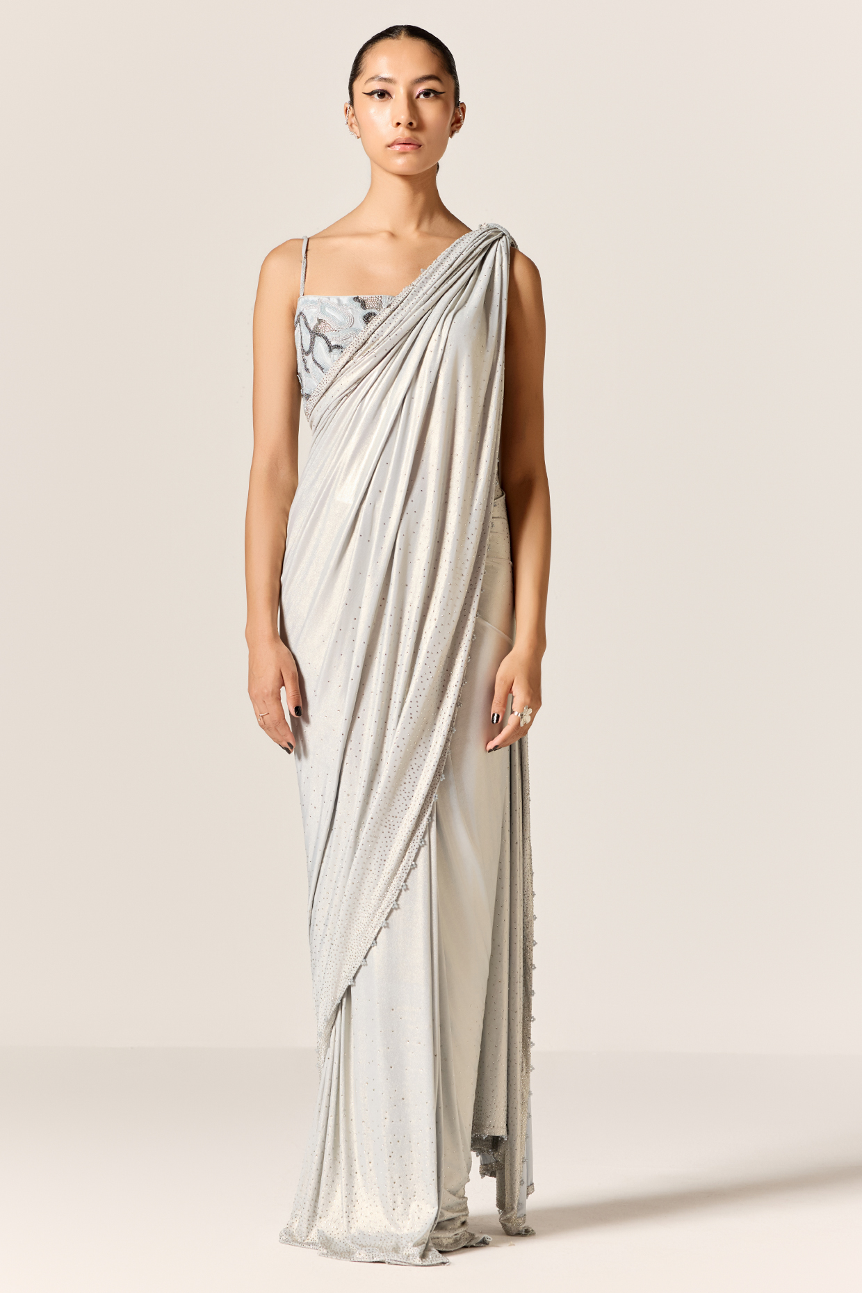 Metallic Blue Lycra Draped Wedding Saree Set by Manika Nanda at Pernia's Pop Up Shop