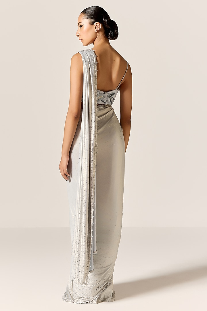 Metallic Blue Lycra Draped Wedding Saree Set by Manika Nanda at Pernia's Pop Up Shop
