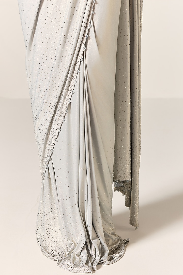 Metallic Blue Lycra Draped Wedding Saree Set by Manika Nanda at Pernia's Pop Up Shop