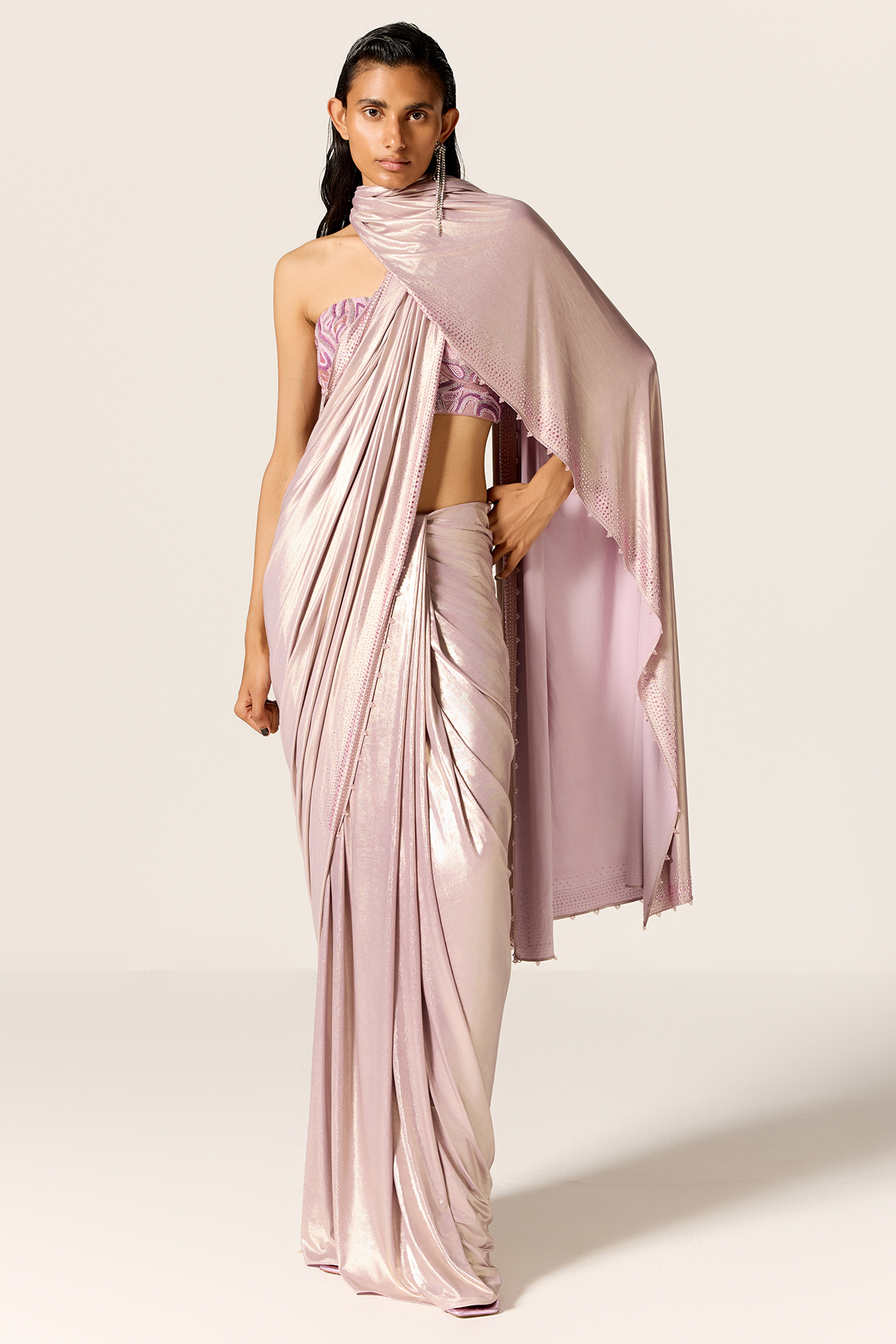 Metallic Lilac Lycra Draped Wedding Saree Set by Manika Nanda at Pernia's Pop Up Shop