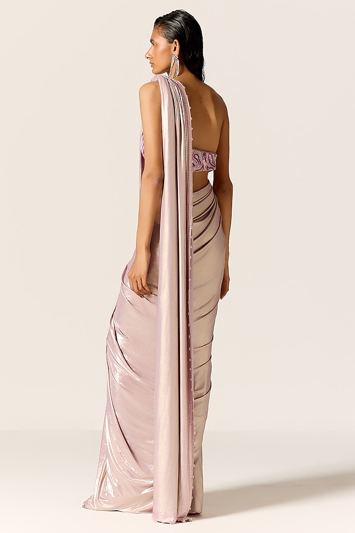 Metallic Lilac Lycra Draped Wedding Saree Set by Manika Nanda at Pernia's Pop Up Shop