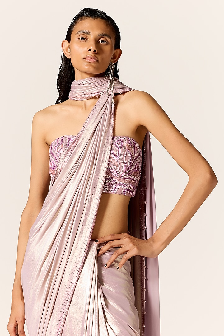 Metallic Lilac Lycra Draped Wedding Saree Set by Manika Nanda at Pernia's Pop Up Shop