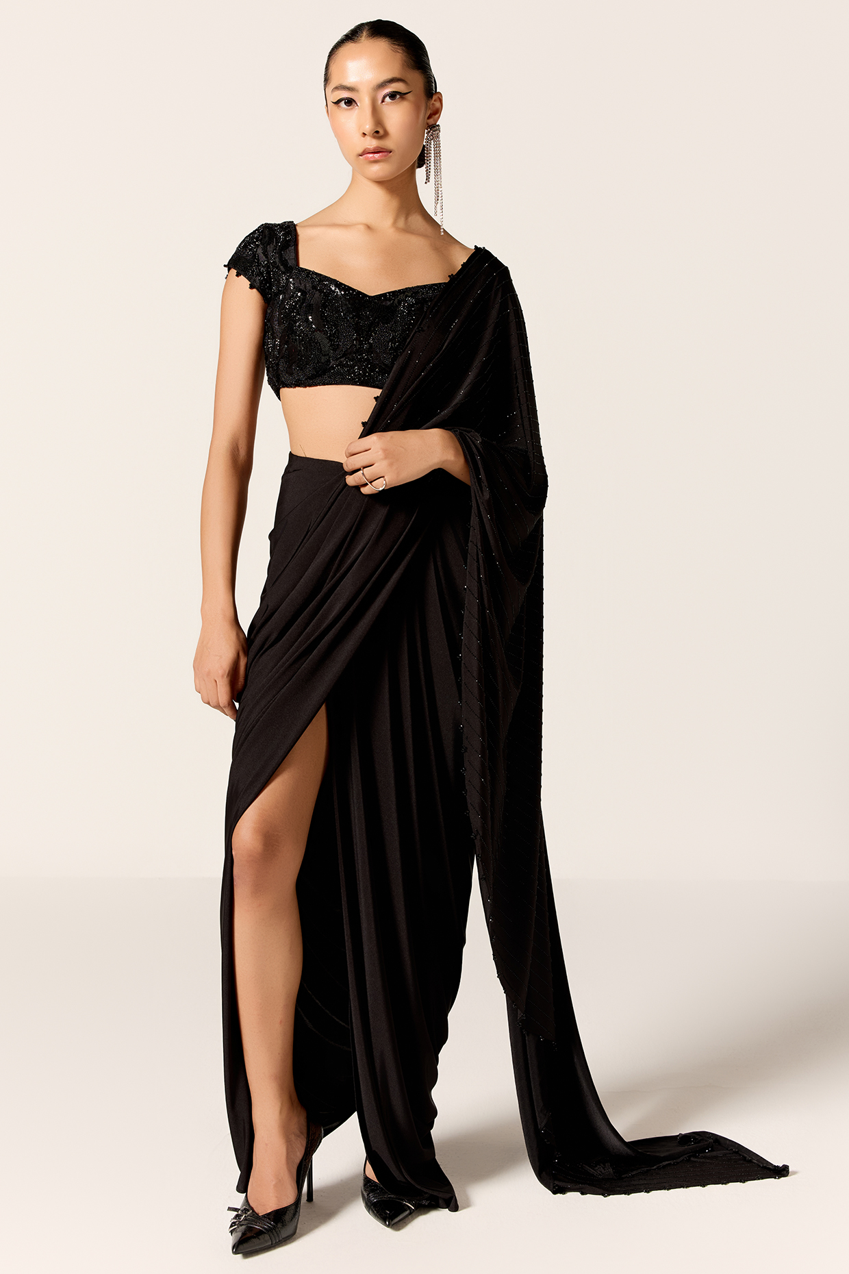 Black Butter Lycra Draped Slit Wedding Saree Set by Manika Nanda at Pernia's Pop Up Shop